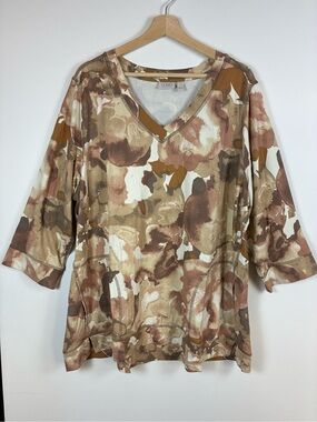 LOGO Lori Goldstein Tunic Top 2X Brown Watercolor 3/4 Sleeve Pockets